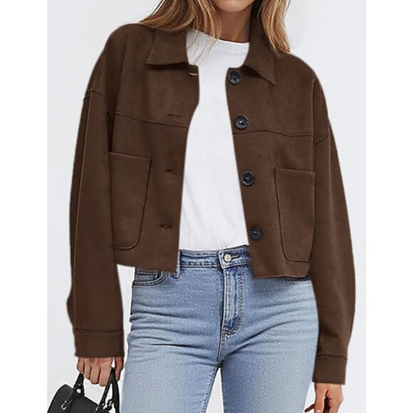 Women's Dark Brown Faux Suede Cropped Jacket Casual Lightweight Fall Fashion - Picture 2 of 5